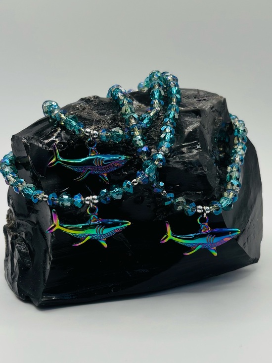 Jewelry - *ANKLET* S.Steel Shark & AB Teal Blue Green Crystal Stretchy Anklet